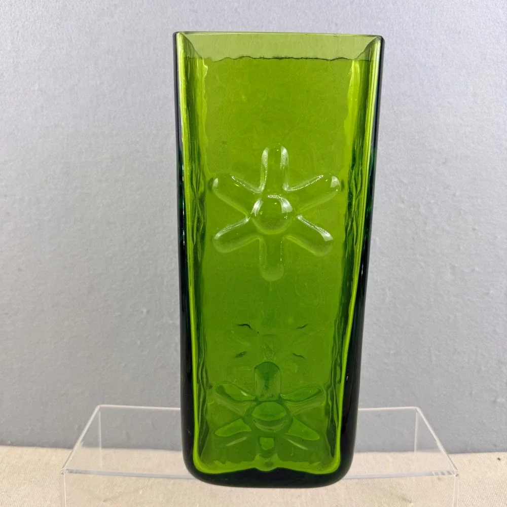 Blenko 6115M Olive‎ Green Asterisk Daisy Block Vase Wayne Husted 10.5